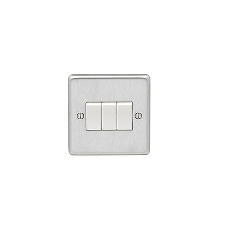 EuroLite Electrical Satin Stainless Steel / 3 Gang Switch / (With White Trim) Eurolite Stainless Steel 3 Gang Switch - Satin Stainless Steel (With White Trim)
