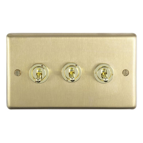 EuroLite Electrical Satin Brass / 3 Gang Toggle Switch / (With White Trim) Eurolite Stainless Steel 3 Gang Toggle Switch - Satin Brass (With White Trim)