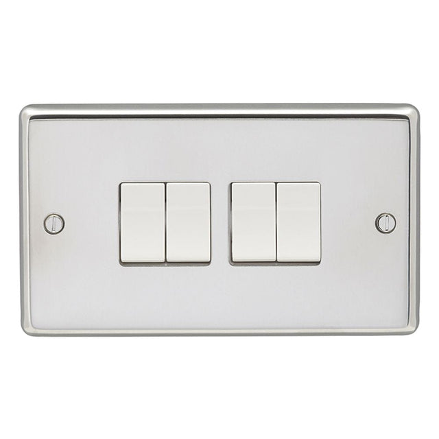 EuroLite Electrical Polished Stainless Steel / 4 Gang Switch / (With White Trim) Eurolite Stainless Steel 4 Gang Switch - Polished Stainless Steel (With White Trim)