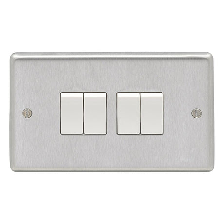 EuroLite Electrical Satin Stainless Steel / 4 Gang Switch / (With White Trim) Eurolite Stainless Steel 4 Gang Switch - Satin Stainless Steel (With White Trim)