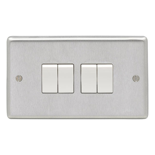 EuroLite Electrical Satin Stainless Steel / 4 Gang Switch / (With White Trim) Eurolite Stainless Steel 4 Gang Switch - Satin Stainless Steel (With White Trim)