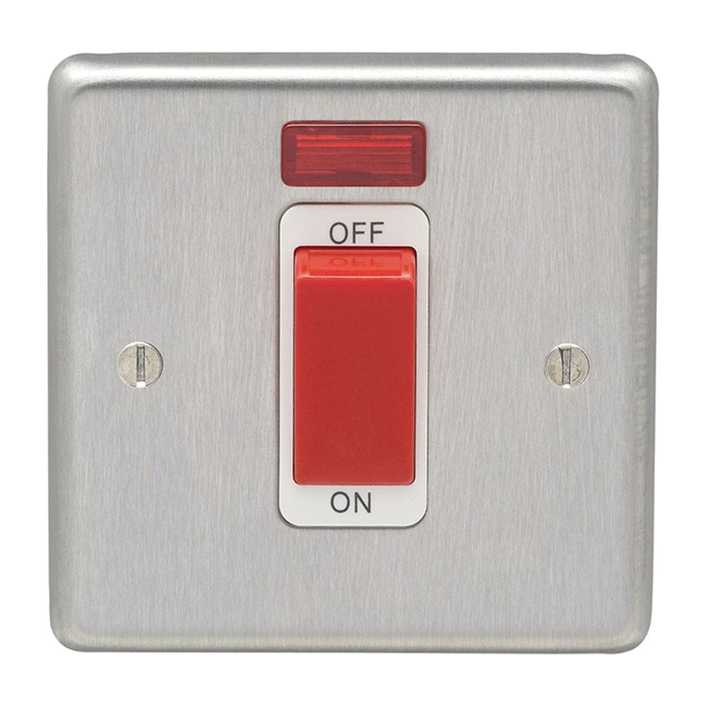 EuroLite Electrical Satin Stainless Steel / 45Amp Switch with Neon Indicator / (With White Trim) Eurolite Stainless Steel 45Amp Switch with Neon Indicator - Satin Stainless Steel (With White Trim)