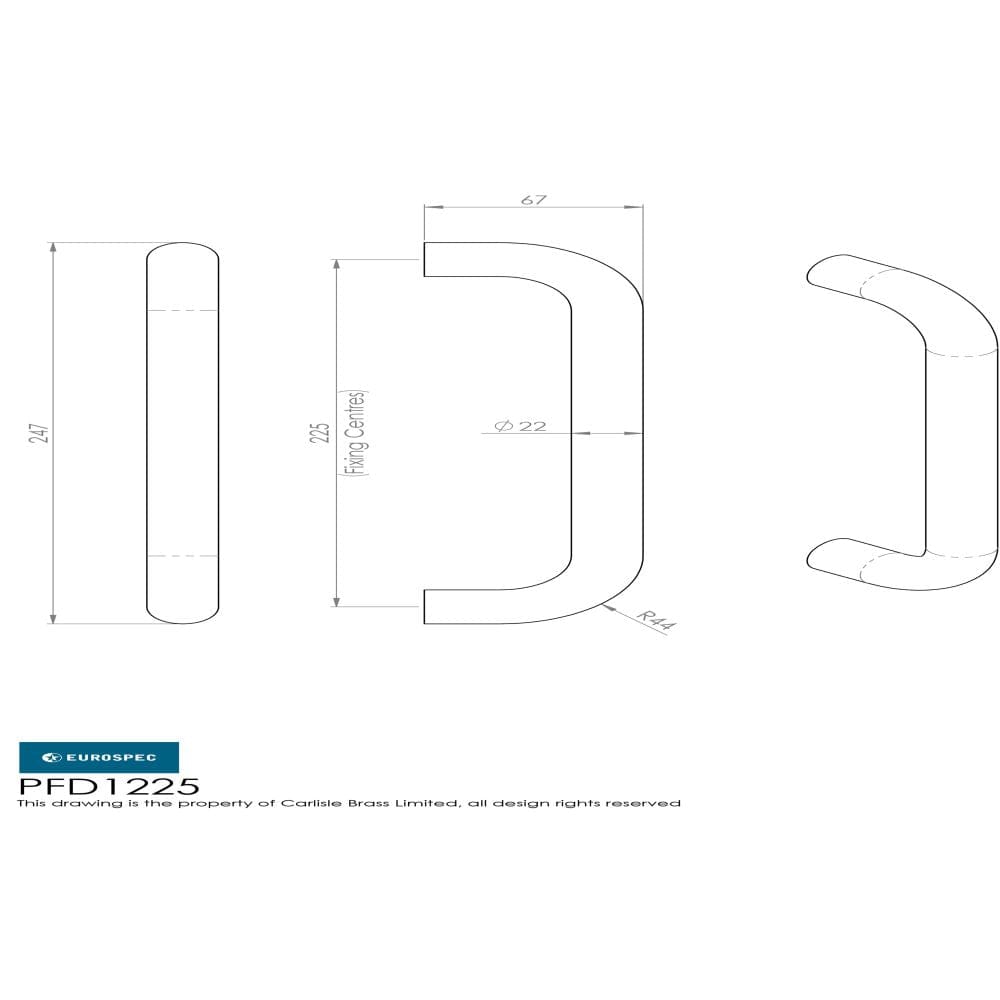 Eurospec Door Furniture Satin Stainless Steel Eurospec - 22mm D Pull Handles 225mm Centres - Satin Stainless Steel