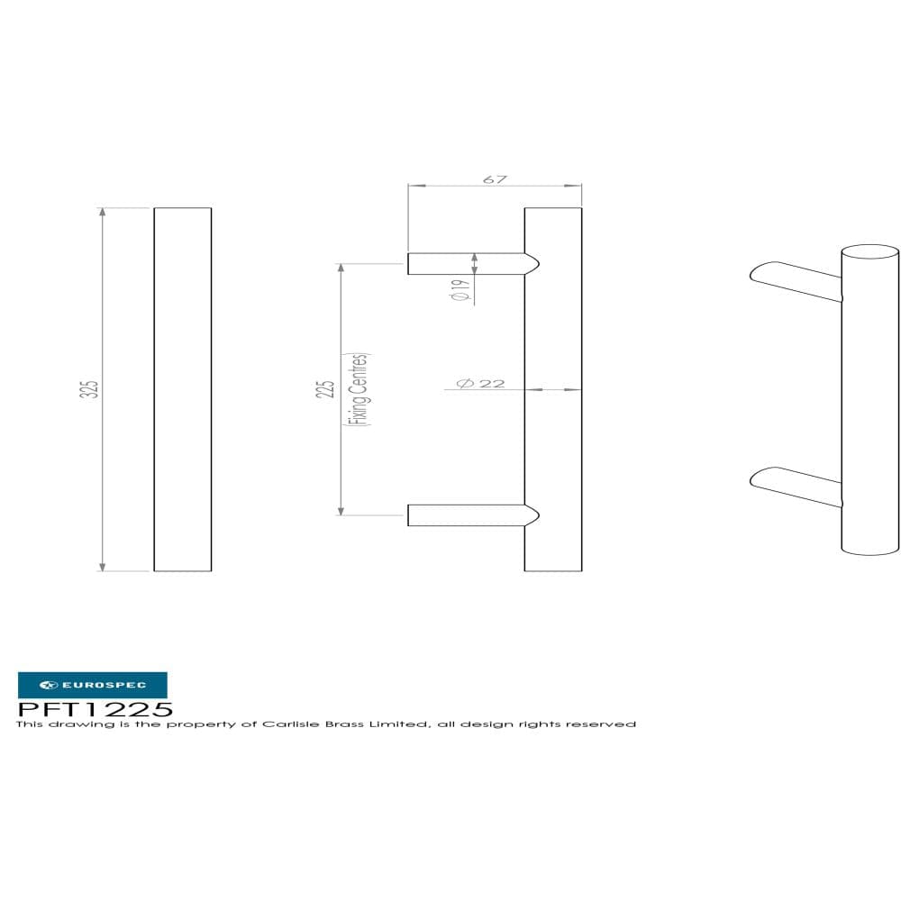 Eurospec Door Furniture Satin Stainless Steel Eurospec - 22mm Straight T Pull Handle 225mm Centres - Satin Stainless Steel