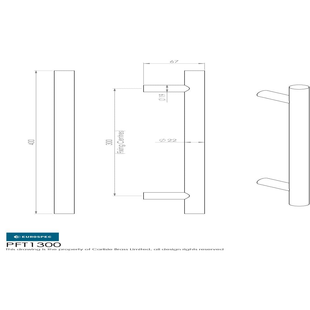 Eurospec Door Furniture Satin Stainless Steel Eurospec - 22mm Straight T Pull Handle 300mm Centres - Satin Stainless Steel