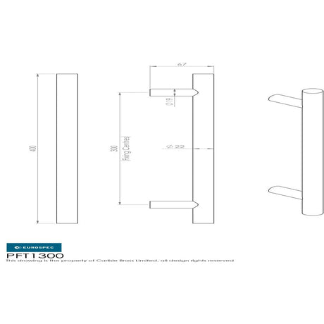 Eurospec Door Furniture Satin Stainless Steel Eurospec - 22mm Straight T Pull Handle 300mm Centres - Satin Stainless Steel