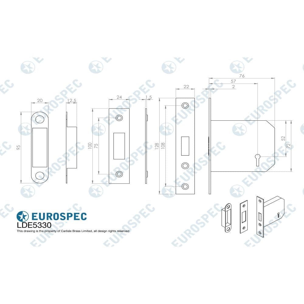 Eurospec Locks & Latches Electro Brass / 3 Lever Deadlock / 3" / 76mm Eurospec - 3 Lever Deadlock 76mm - Electro Brassed