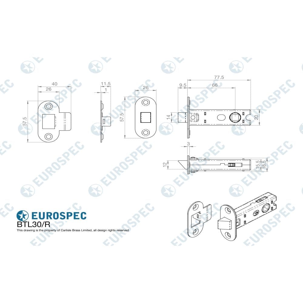 Eurospec Locks & Latches Matt Black / Tubular Mortice Latch / 3" Eurospec - 76mm Ce B/T Tubular Mortice Latch Radius - Matt Black