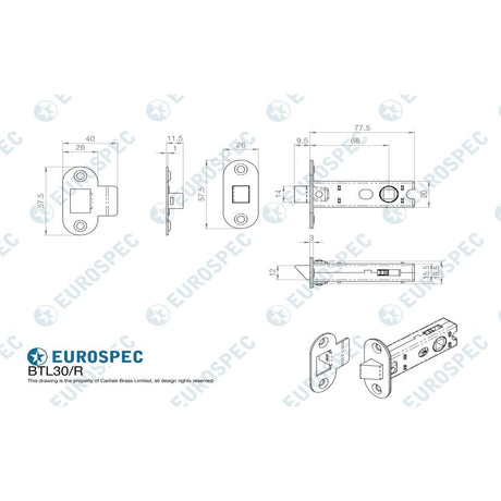 Eurospec Locks & Latches Matt Black / Tubular Mortice Latch / 3" Eurospec - 76mm Ce B/T Tubular Mortice Latch Radius - Matt Black