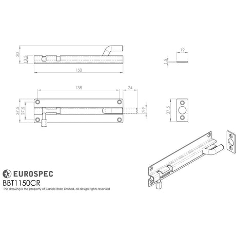 Eurospec Accessories Polished Stainless Steel / Cranked Surface Bolts Eurospec - Cranked Barrel Bolt - Bright Stainless Steel