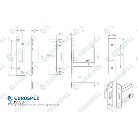 Eurospec Locks & Latches Satin Stainless Steel / 5 Lever Deadlocks / 3" / 76mm Eurospec - Easi T 5 Lever BS Deadlock 76mm - SSS