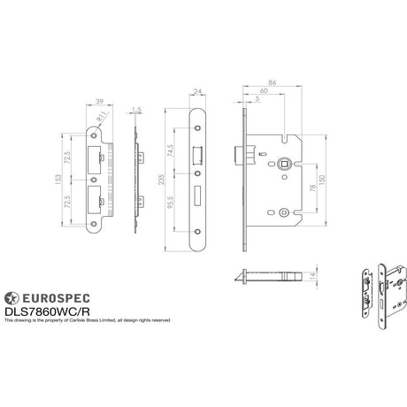 Eurospec Locks & Latches Satin Stainless Steel / DIN Bathroom Lock Eurospec - Easi-T Din Bathroom Lock Radius - Satin Stainless Steel