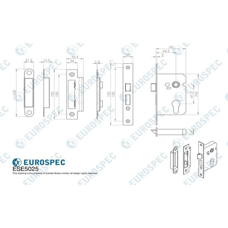 Eurospec Locks & Latches Satin Nickel / Euro Profile Sashlocks / 2.5" / 65mm Eurospec - Easi-T Economy Euro Profile Sashlock 64mm - Satin Nickel