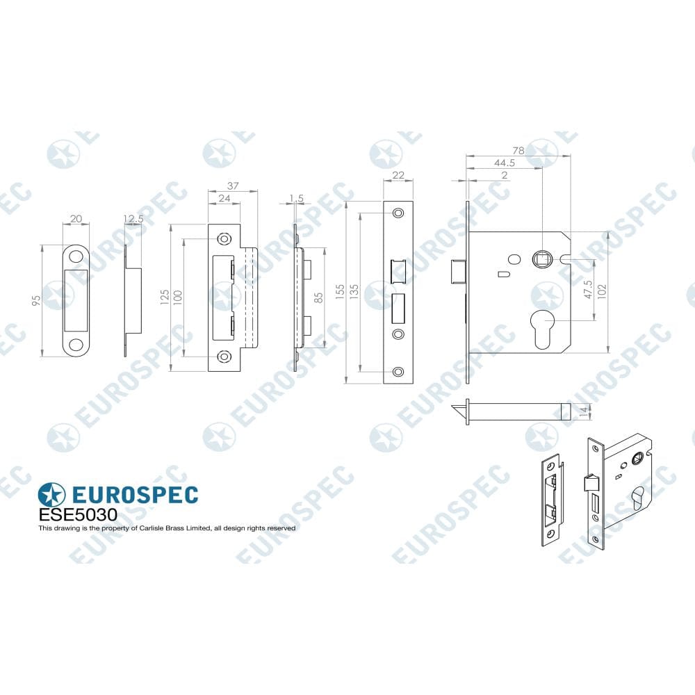 Eurospec Locks & Latches Electro Brass / Euro Profile Sashlocks / 3" / 76mm Eurospec - Easi-T Economy Euro Profile Sashlock 76mm - Electro Brassed