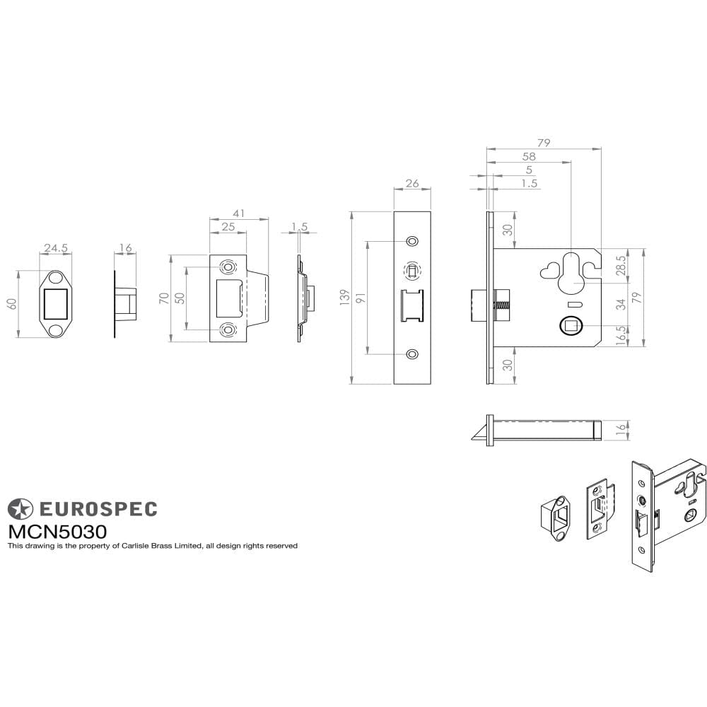 Eurospec Locks & Latches Satin Stainless Steel / DIN Night Latch Eurospec - Easi-T Euro Profile Cylinder Night Latch - Case Only 76mm - Satin Sta