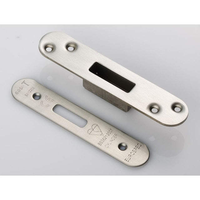 Eurospec Locks & Latches Satin Stainless Steel / Fixing Packs Eurospec - Easi T Forend Strike & Fixing Pack To Suit Euro Profile BS Cylinder D