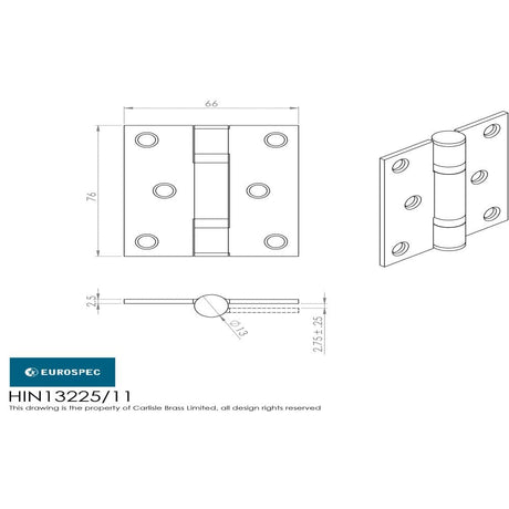 Eurospec Hinges Satin Stainless Steel / Ball Bearing Hinges / 3" (76mm) Eurospec - Enduro Grade 11 Ball Bearing Hinge 76 x 66mm - SSS
