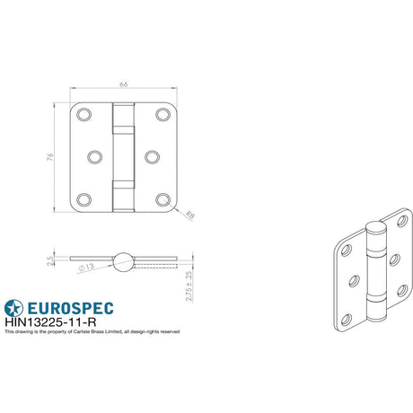 Eurospec Hinges Polished Stainless Steel / Ball Bearing Hinges / 3" (76mm) Eurospec - Enduro Grade 11 Ball Bearing Hinge Radius 76 x 66mm - BSS