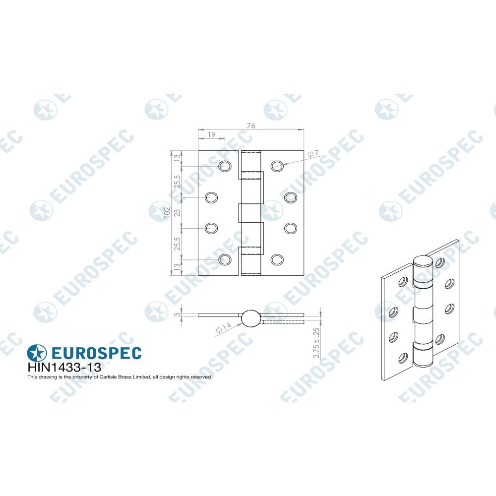 Eurospec Hinges Electro Brass / Ball Bearing Hinges / 4" x (102mm) Eurospec - Enduro Grade 13 Ball Bearing Hinge 102 x 76mm - EBP
