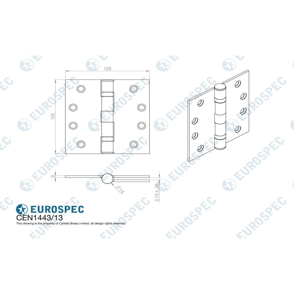 Eurospec Hinges Satin Stainless Steel / Ball Bearing Hinges / 4" x (102mm) Eurospec - Enduro Grade 13 Ball Bearing Hinge, Grade 316 - SSS