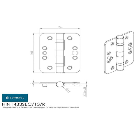 Eurospec Hinges Satin Stainless Steel / Ball Bearing Hinges / 4" x (102mm) Eurospec - Enduro Grade 13 Ball Bearing Security Hinge Radius 102 x 76mm - SSS