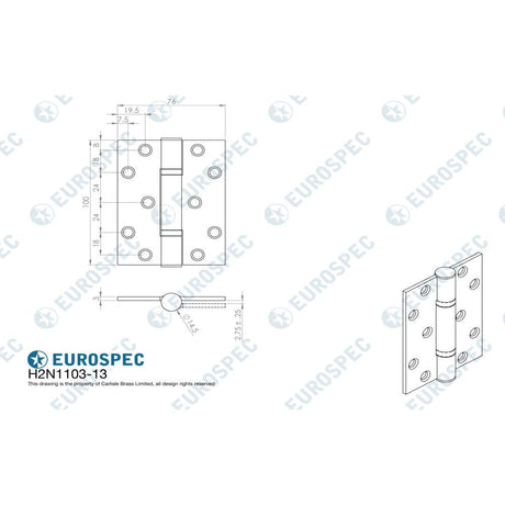 Eurospec Hinges Satin Stainless Steel / Ball Bearing Hinges / 4" x (102mm) Eurospec - Enduromax Grade 13 Thrust Bearing Hinge - SSS
