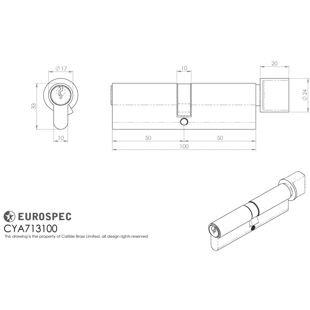 Eurospec Locks & Latches Satin Chrome / 50 x 50mm / Euro Cylinder & Turn Eurospec - Euro Cylinder and Turn - Satin Chrome