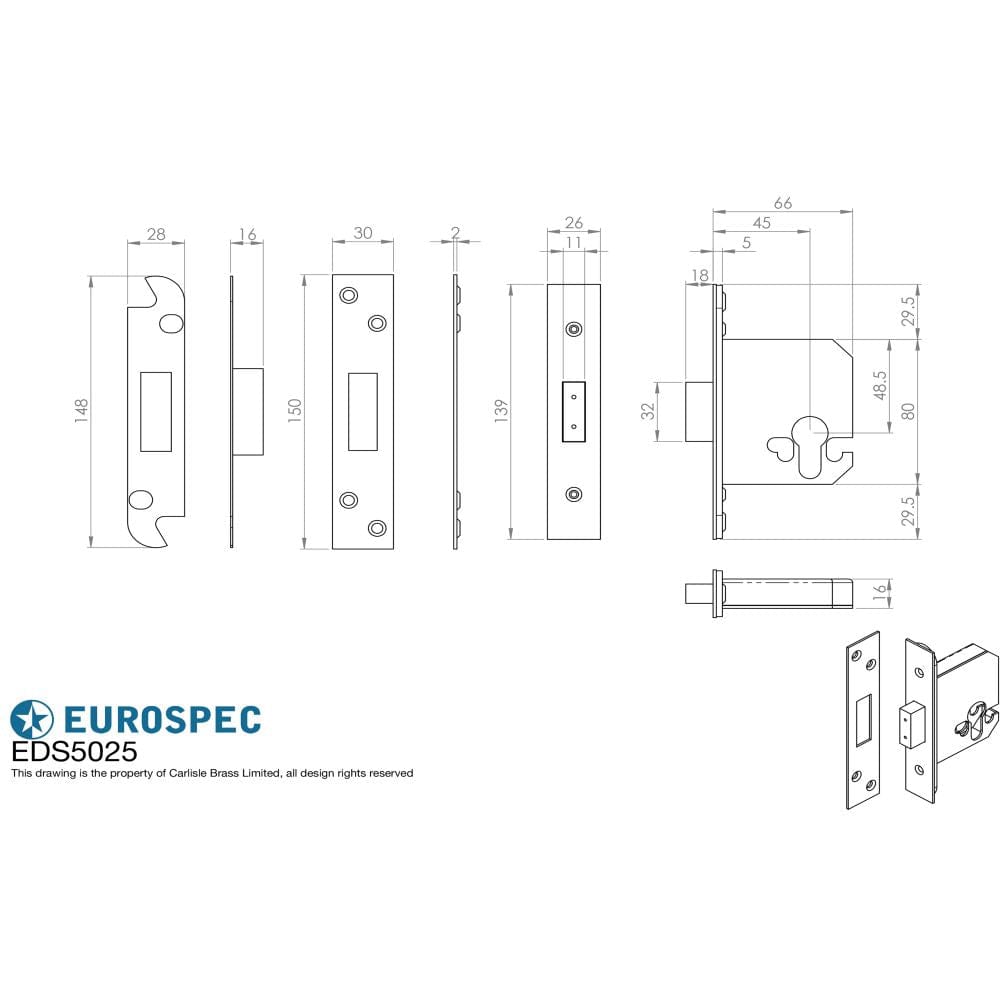 Eurospec Locks & Latches Satin Stainless Steel / Euro Profile Deadlocks / 2.5" / 65mm Eurospec - Euro Profile Deadlock 64mm - Satin Stainless Steel