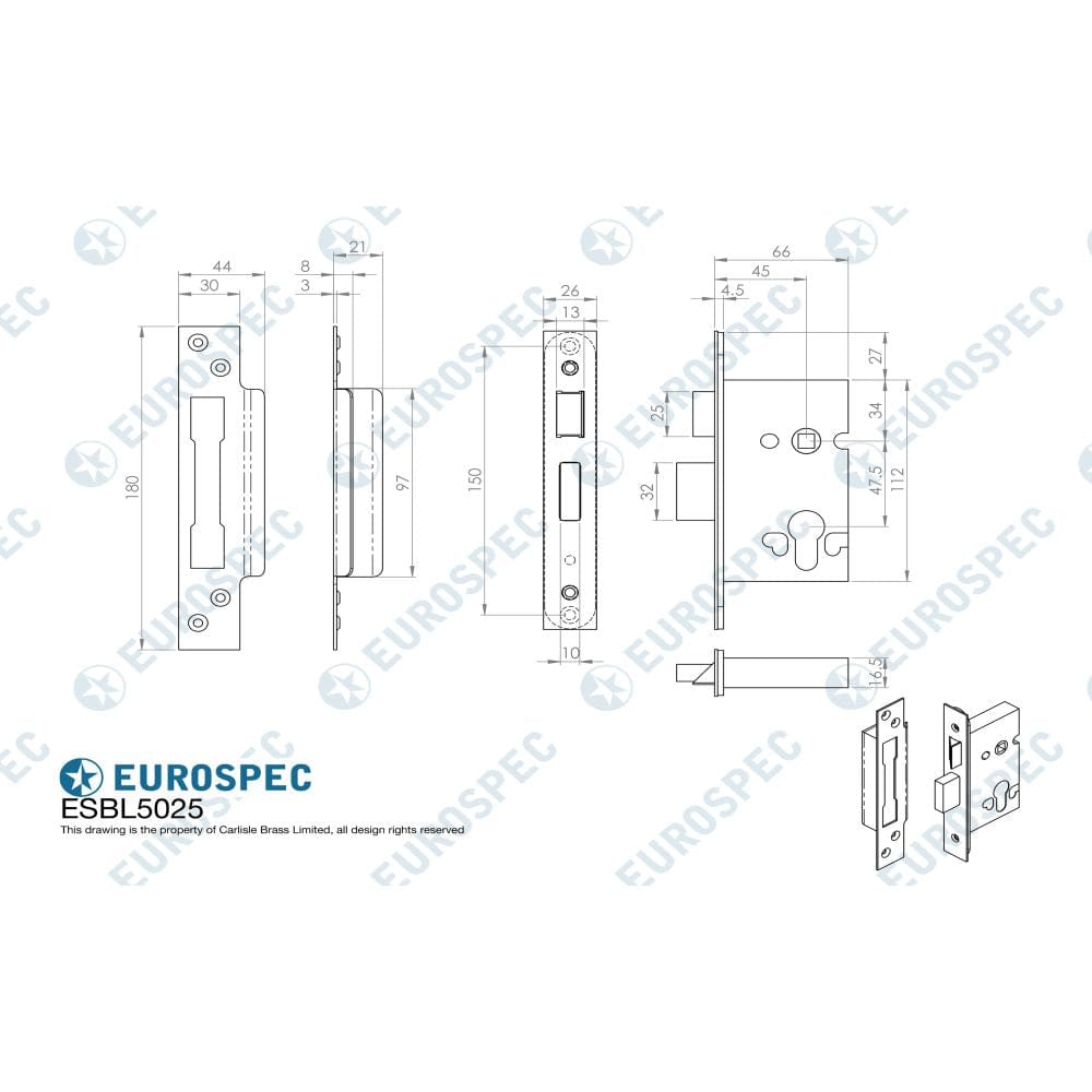 Eurospec Locks & Latches Satin Stainless Steel / Euro Profile Sashlocks / 2.5" / 65mm Eurospec - Euro Profile High Security Cylinder Sashlock (replacement lock case o