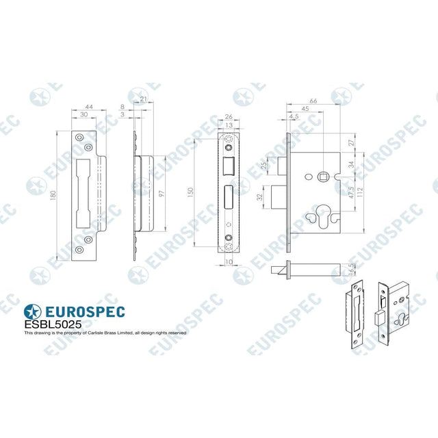 Eurospec Locks & Latches Satin Stainless Steel / Euro Profile Sashlocks / 2.5" / 65mm Eurospec - Euro Profile High Security Cylinder Sashlock (replacement lock case o