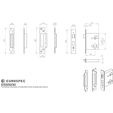 Eurospec Locks & Latches Stainless Brass / Euro Profile Sashlocks / 3" / 76mm Eurospec - Euro Profile Sashlock 76mm - Stainless Brass