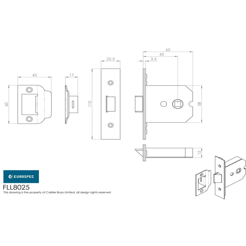 Eurospec Locks & Latches Satin Chrome / Mortice Flat Latch / 2.5" Eurospec - Flat Latch 64mm - Satin Chrome Plated
