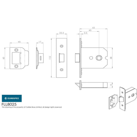 Eurospec Locks & Latches Satin Chrome / Mortice Flat Latch / 2.5" Eurospec - Flat Latch 64mm - Satin Chrome Plated