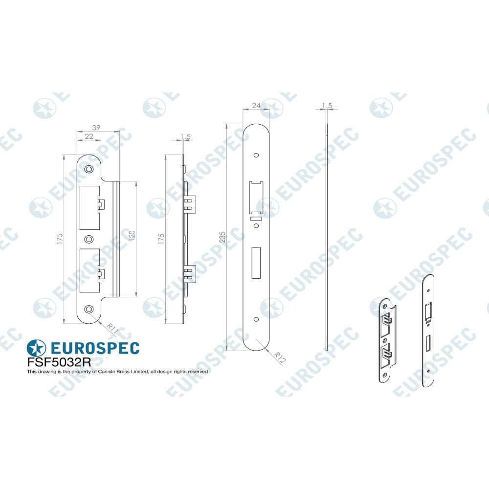Eurospec Locks & Latches Satin Stainless Steel / DIN Accessory Pack Eurospec - Forend Strike & Fixing Pack To Suit Din Escape Lock-Satin Stainless S