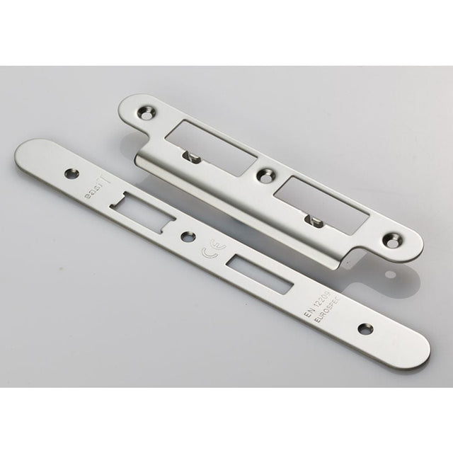 Eurospec Locks & Latches Bright Stainless Steel / DIN Accessory Pack Eurospec - Forend Strike & Fixing Pack To Suit Din Euro Sash/Bathroom Lock-Brigh