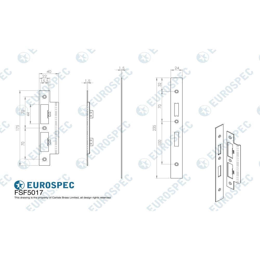 Eurospec Locks & Latches PVD / DIN Accessory Pack Eurospec - Forend Strike & Fixing Pack To Suit Din Euro Sash/Bathroom Lock-PVD-S