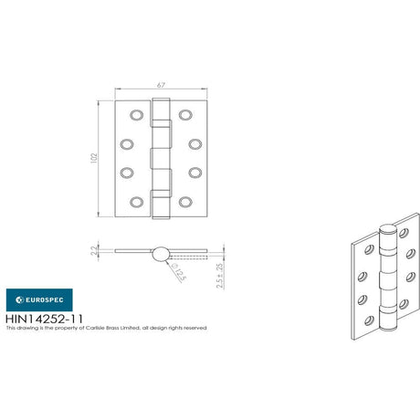 Eurospec Hinges Satin Stainless Steel / Ball Bearing Hinges / 4" x (102mm) Eurospec - Grade 11 Ball Bearing Hinge 102 x 67mm - SSS