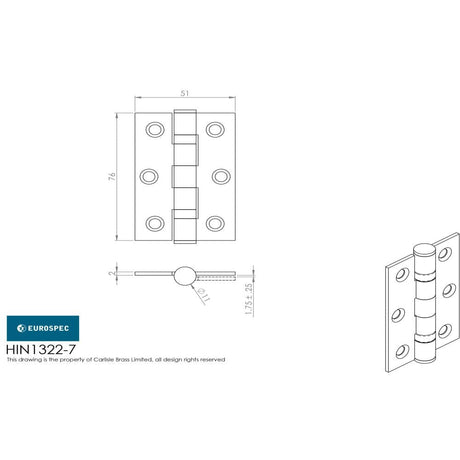 Eurospec Hinges Stainless Brass / Ball Bearing Hinges / 3" (76mm) Eurospec - Grade 7 Ball Bearing Hinge 76 x 51mm - PVD