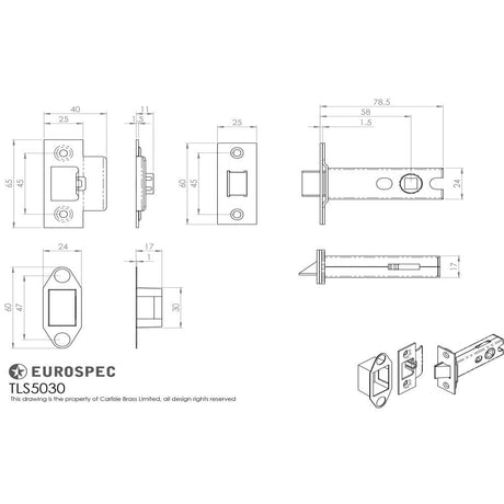 Eurospec Locks & Latches Bright/Satin Stainless Steel / Tubular Mortice Latch / 3" Eurospec - Heavy Sprung Tubular Latch 76mm - Bright/Satin Stainless Steel