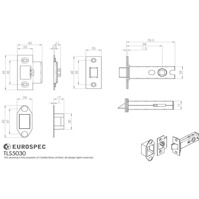 Eurospec Locks & Latches Polished Stainless Steel / Tubular Mortice Latch / 3" Eurospec - Heavy Sprung Tubular Latch 76mm - Bright Stainless Steel