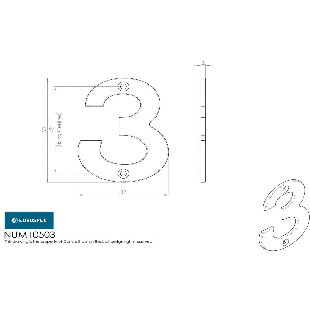 Eurospec Door Furniture Satin Stainless Steel / Numerals / 3 Eurospec - Numerals Number 3 - Satin Stainless Steel