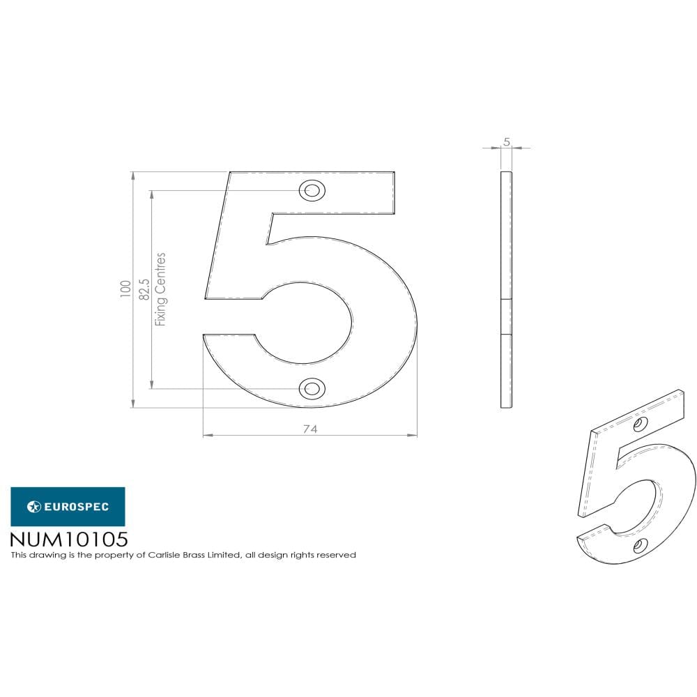 Eurospec Door Furniture Polished Stainless Steel / Numerals / 5 Eurospec - Numerals Number 5 - Bright Stainless Steel