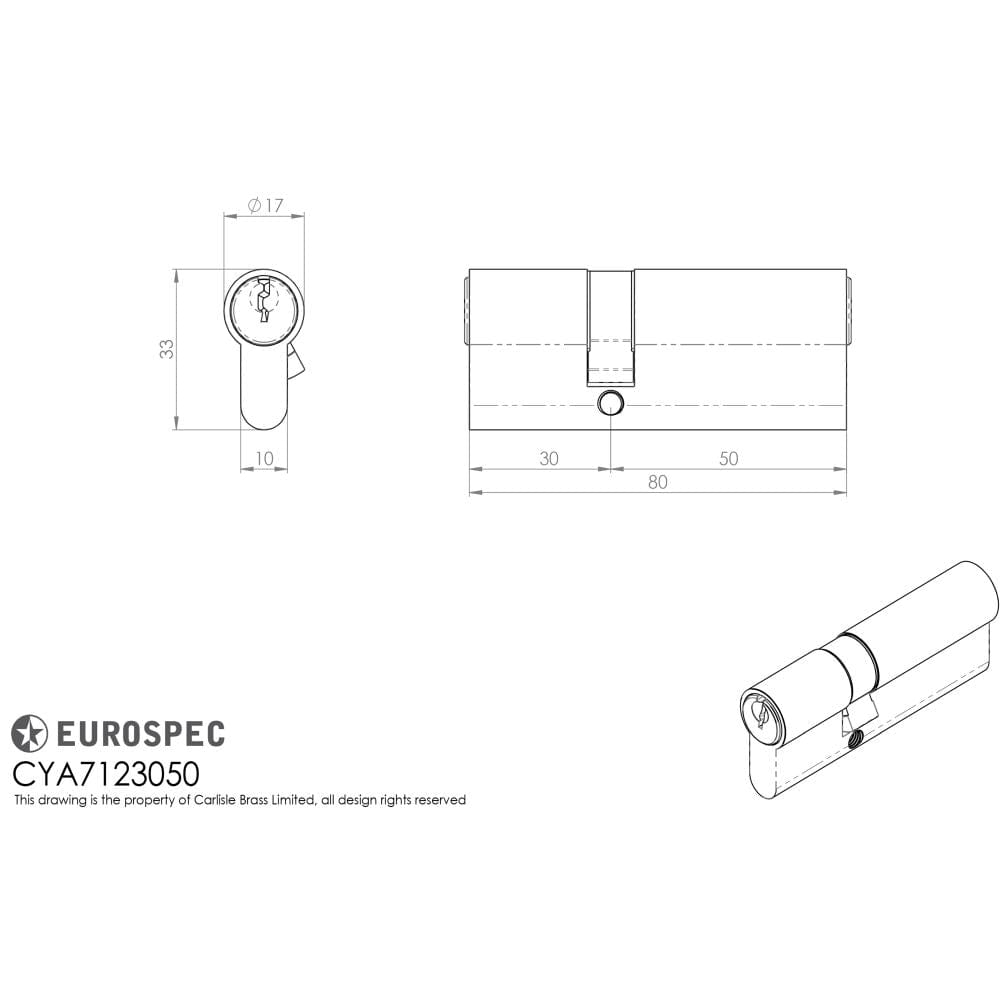 Eurospec Locks & Latches Satin Chrome / 30 x 50mm / Euro Double Cylinders Eurospec - Offset Euro Double Cylinder - Satin Chrome