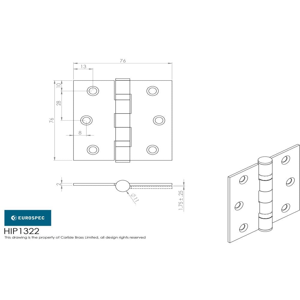 Eurospec Hinges Polished Stainless Steel / Butt Hinges / 3" (76mm) Eurospec - Plain Hinge 76 x 76mm - BSS