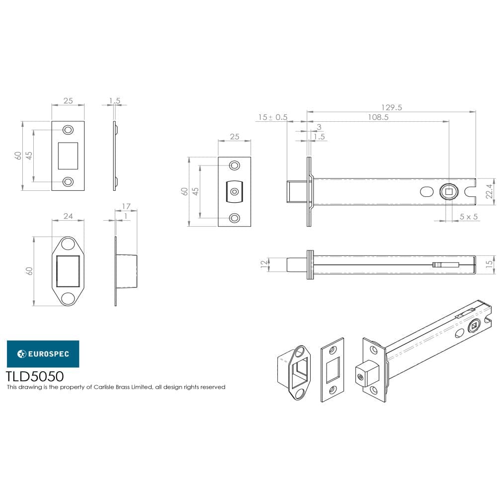 Eurospec Locks & Latches Electro Brassed/Satin Stainless Steel / Tubular Dead Bolts / 5" / 127mm Eurospec - Tubular Dead Bolt 127mm - Electro Brassed/Satin Stainless Steel