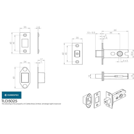Eurospec Locks & Latches Polished Stainless Steel / Tubular Dead Bolts / 2.5" / 65mm Eurospec - Tubular Dead Bolt 64mm - Bright Stainless Steel