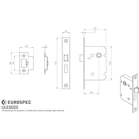 Eurospec Locks & Latches Nickel Plated / Upright Mortice Latch / 2.5" Eurospec - Upright Latch 64mm - Nickel Plate