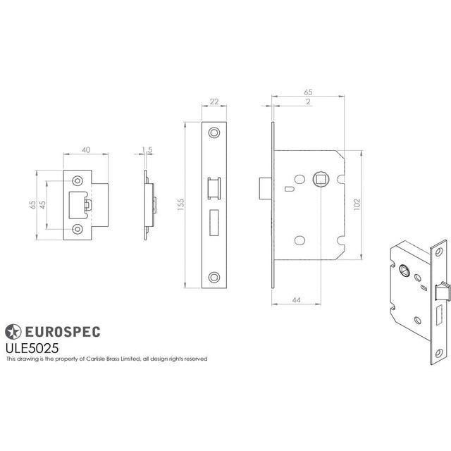 Eurospec Locks & Latches Nickel Plated / Upright Mortice Latch / 2.5" Eurospec - Upright Latch 64mm - Nickel Plate