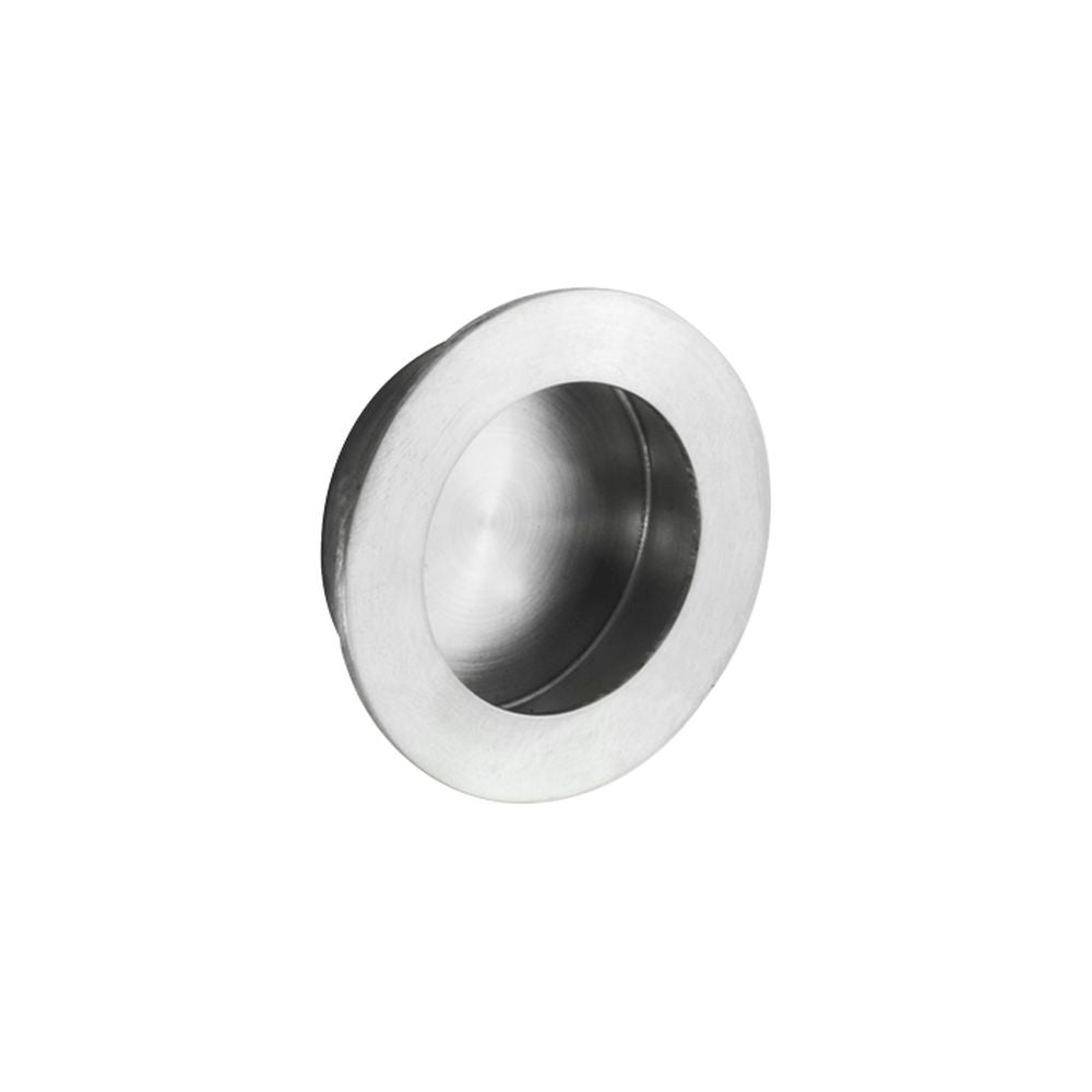 This is an image of a Eurospec - Circular Flush Pull - Satin Stainless Steel that is availble to order from Trade Door Handles in Kendal.