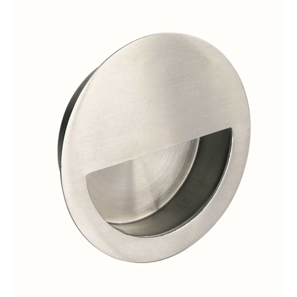 This is an image of a Eurospec - Circular Flush Pull - Satin Stainless Steel that is availble to order from Trade Door Handles in Kendal.